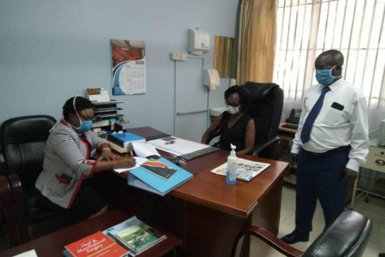 Far left Incoming CMO DR. Muhia, sited is Outgoing CMO DR Asimba and Admin Mr. Kinyanki